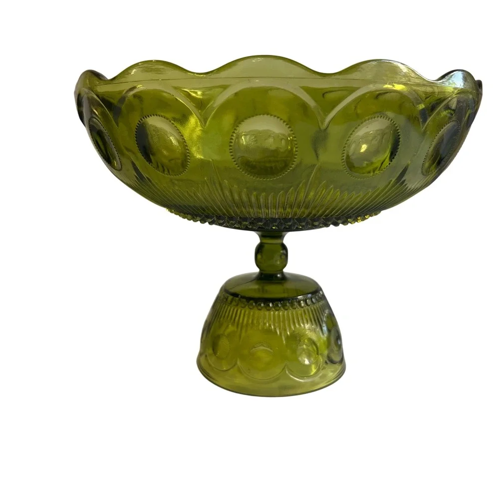 Vintage Bartlett-Collins Avocado Green Glass Pedestal Bowl St Genevieve